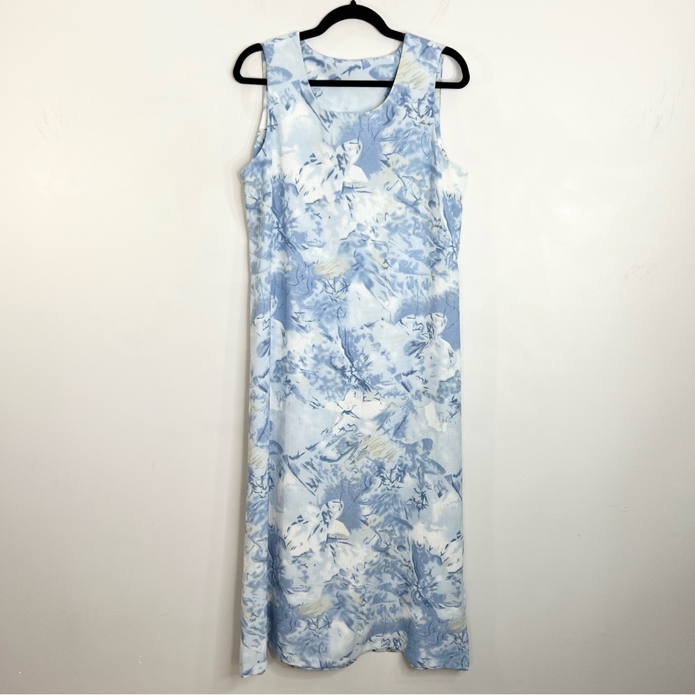 Vintage 80s 90s blue white abstract floral sleeveless long maxi shift dress 14 - Picture 4 of 11